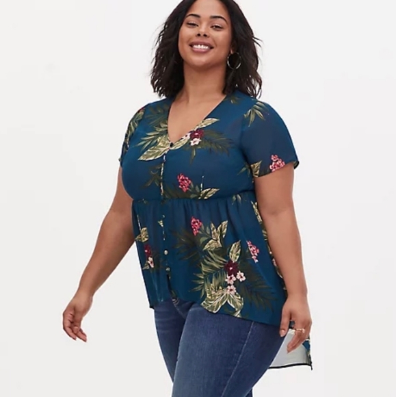 TEAL TROPICAL FLORAL CHIFFON HI-LO BABYDOLL TUNIC - Picture 2 of 5